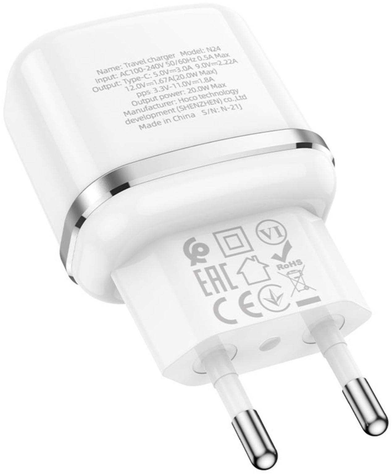 Сетевое зарядное устройство Hoco N24, 1 Type-C, 20 Вт, PD + QC, белое