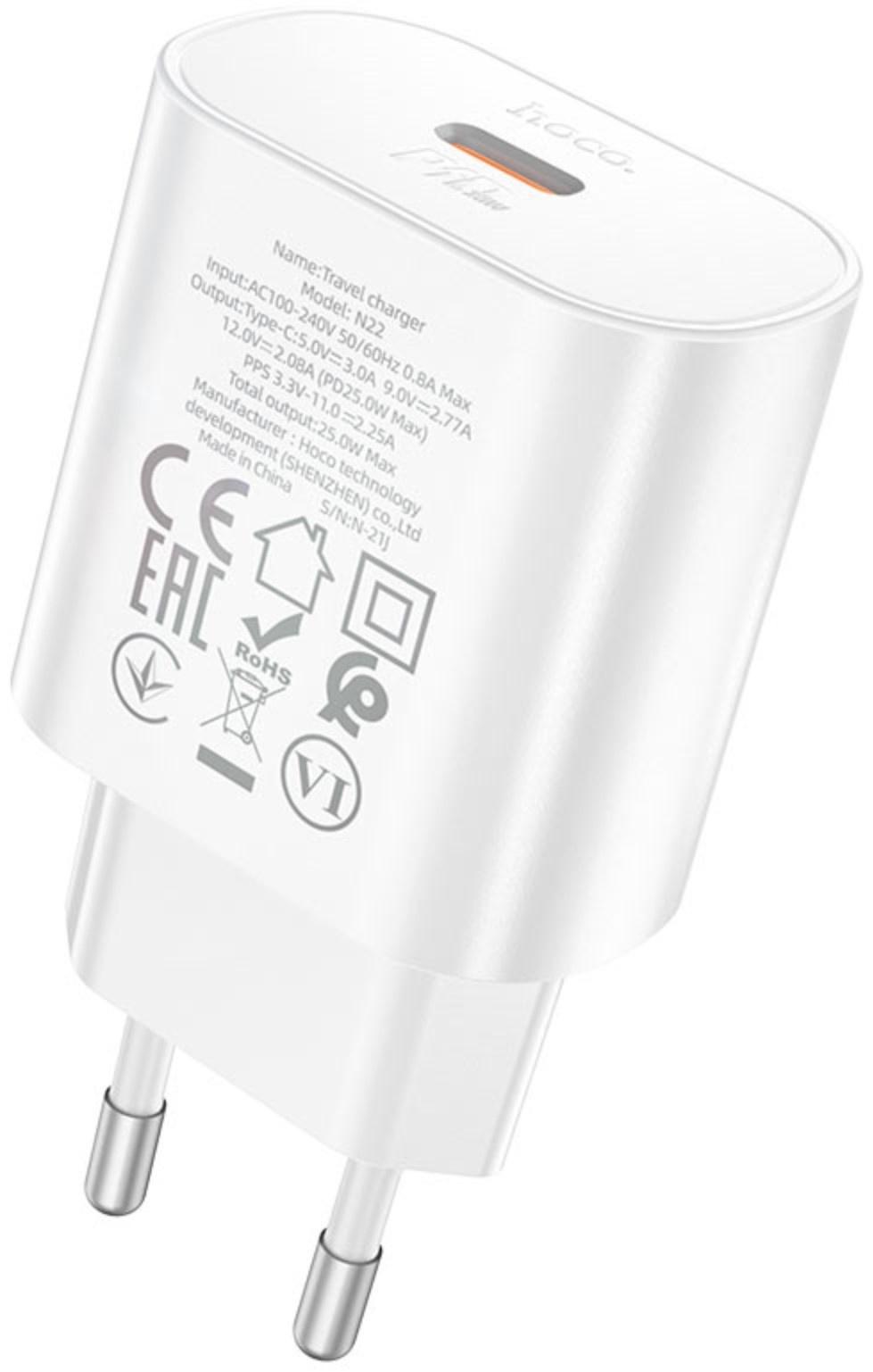 Сетевое зарядное устройство Hoco N22, 1 Type-C, 25 Вт, PD + QC, белое