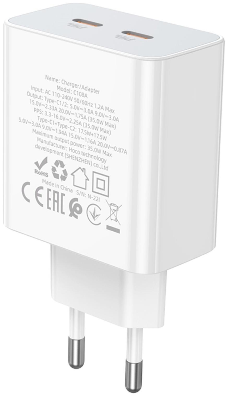 Сетевое зарядное устройство Hoco C108A, 2 Type-C, 35 Вт, PD + QC, белое