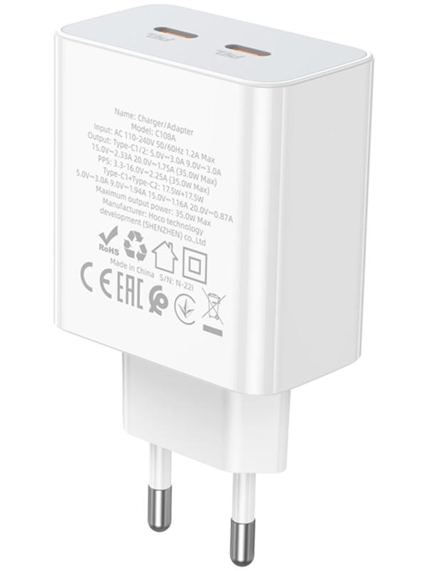 Сетевое зарядное устройство Hoco C108A, 2 Type-C, 35 Вт, PD + QC, белое