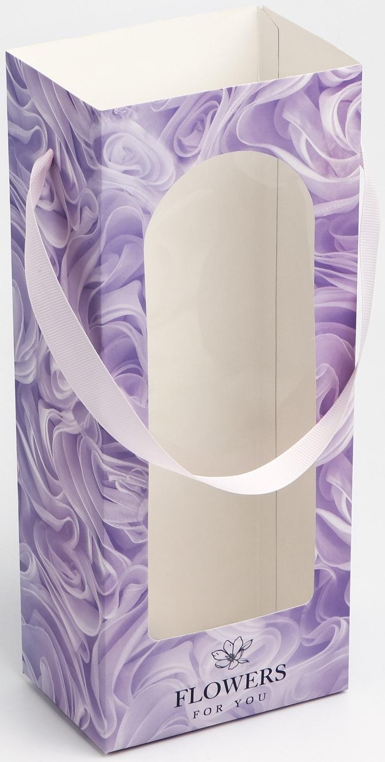 Пакет-переноска для цветов с пластиковым окном, Flowers, сиреневая, 30 х 12 х 8 см