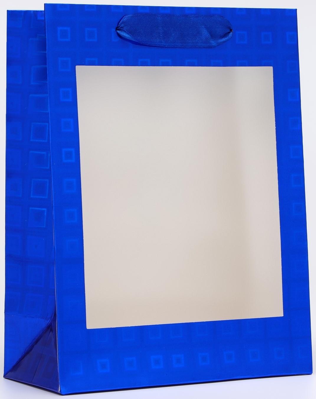 Пакет подарочный, фольгированный, упаковка, с окном, «Синий» S 23.5×18×8.5 см