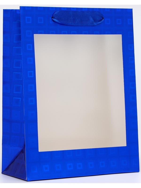 Пакет подарочный, фольгированный, упаковка, с окном, «Синий» S 23.5×18×8.5 см