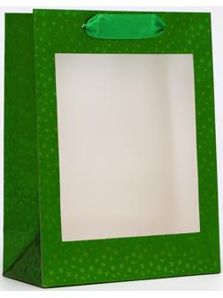 Пакет подарочный, фольгированный, упаковка, с окном, «Зеленый», S 23.5×18×8.5 см