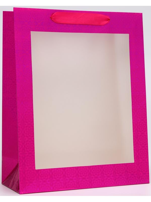 Пакет подарочный, фольгированный, упаковка, с окном, «Розовый», M 32×25.5×11 см