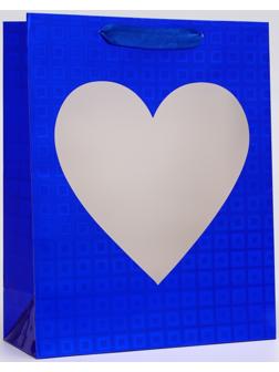 Пакет подарочный, фольгированный, упаковка, с окном «Сердце», «Синий», M 32×25.5×11 см