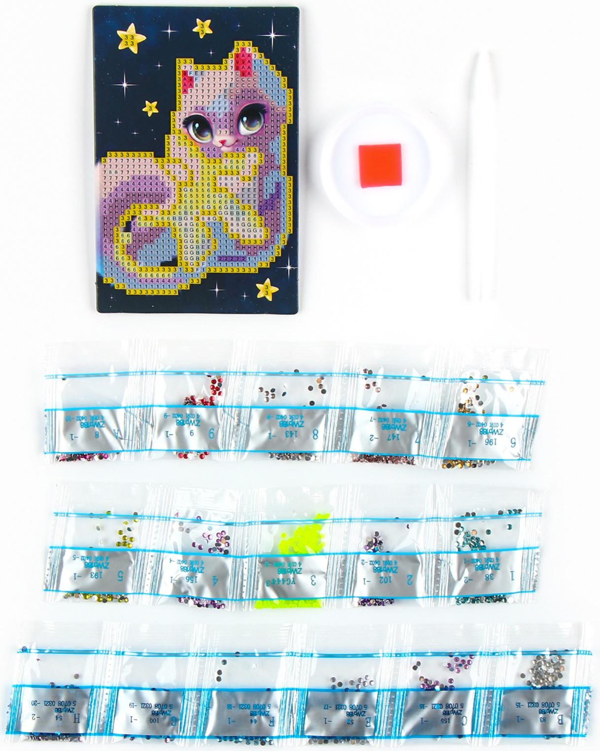 Алмазная мозаика для детей со светящимися стразами «Кошечка на звезде», 10 х 15 см, набор для творчества