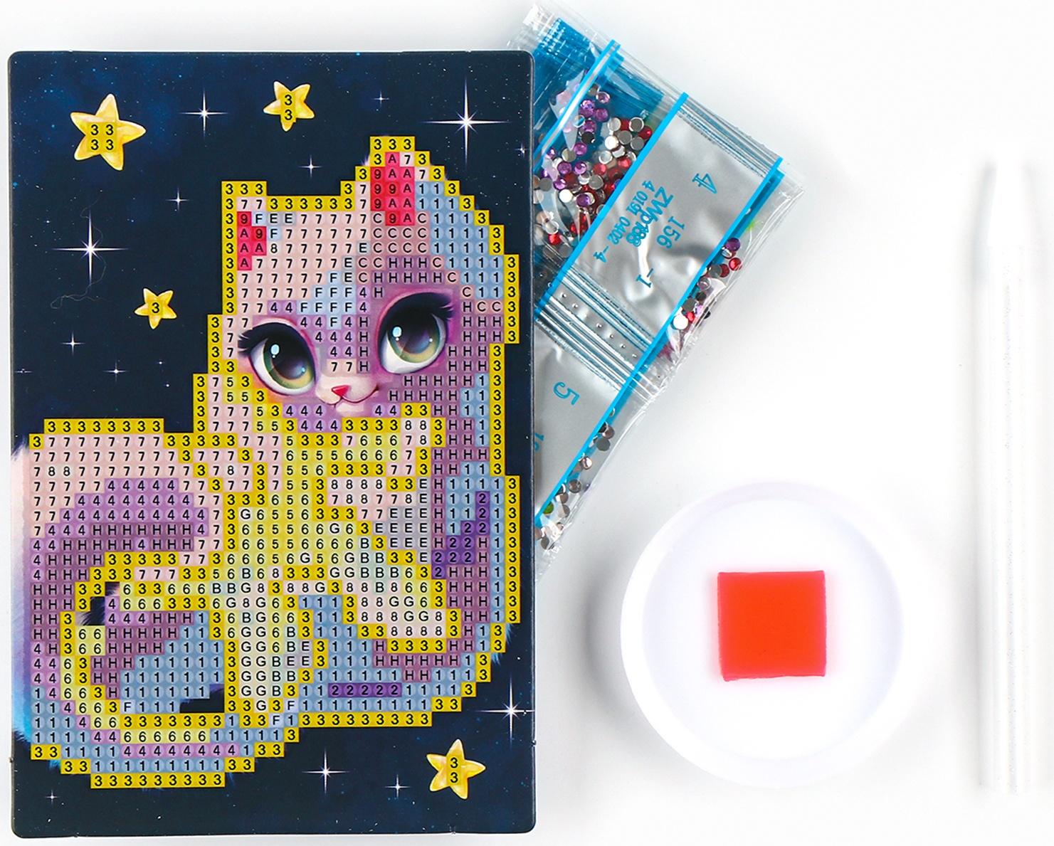 Алмазная мозаика для детей со светящимися стразами «Кошечка на звезде», 10 х 15 см, набор для творчества