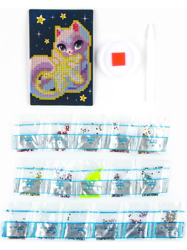 Алмазная мозаика для детей со светящимися стразами «Кошечка на звезде», 10 х 15 см, набор для творчества