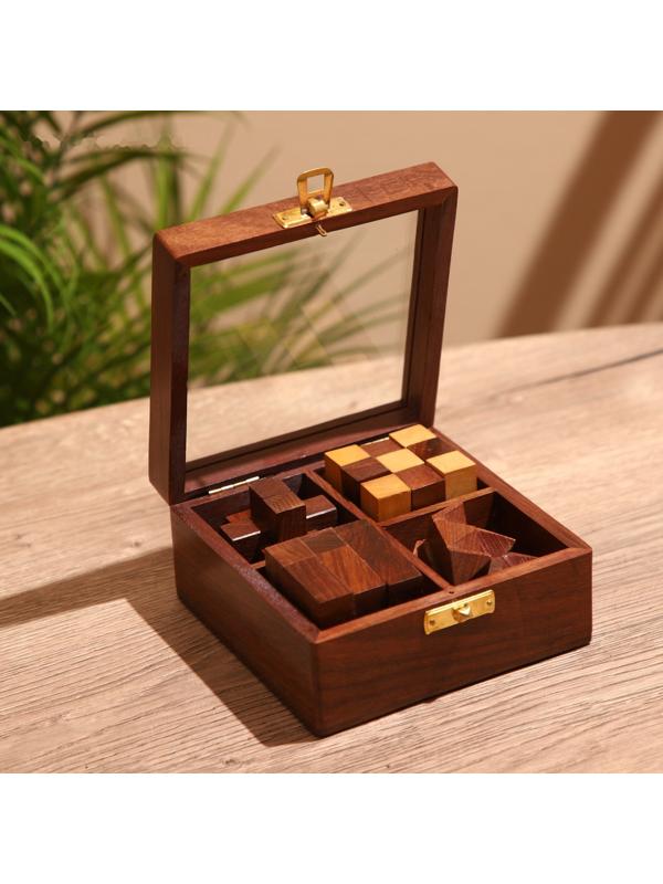 Головоломки в шкатулке (набор 4 шт) 12х13х6 см, дерево шишам