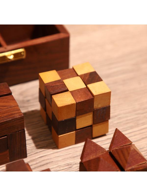 Головоломки в шкатулке (набор 4 шт) 12х13х6 см, дерево шишам