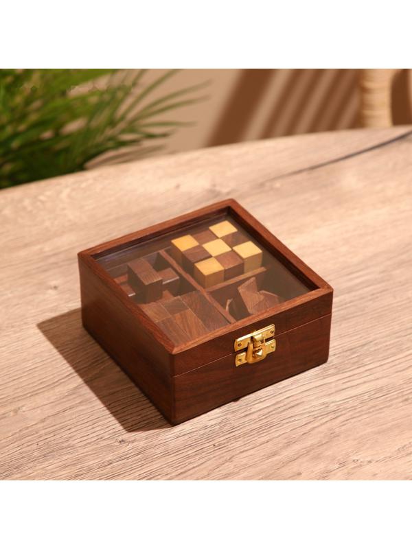 Головоломки в шкатулке (набор 4 шт) 12х13х6 см, дерево шишам