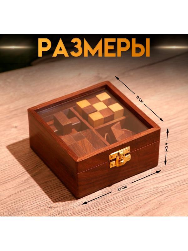 Головоломки в шкатулке (набор 4 шт) 12х13х6 см, дерево шишам