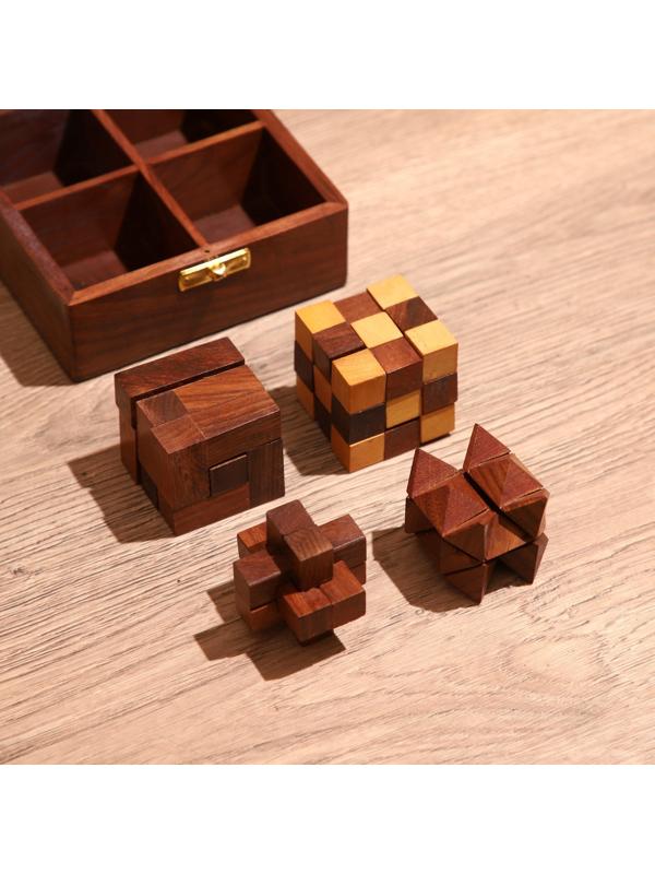 Головоломки в шкатулке (набор 4 шт) 12х13х6 см, дерево шишам