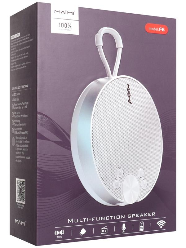 Портативная колонка Maimi F6, microUSB, FM, BT 5.1, 1200 мАч, серебристая