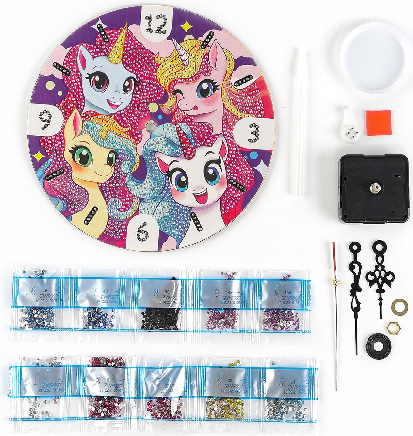 Алмазная мозаика для детей с частичным заполнением на часах «Единорожки», 20 х 20 см