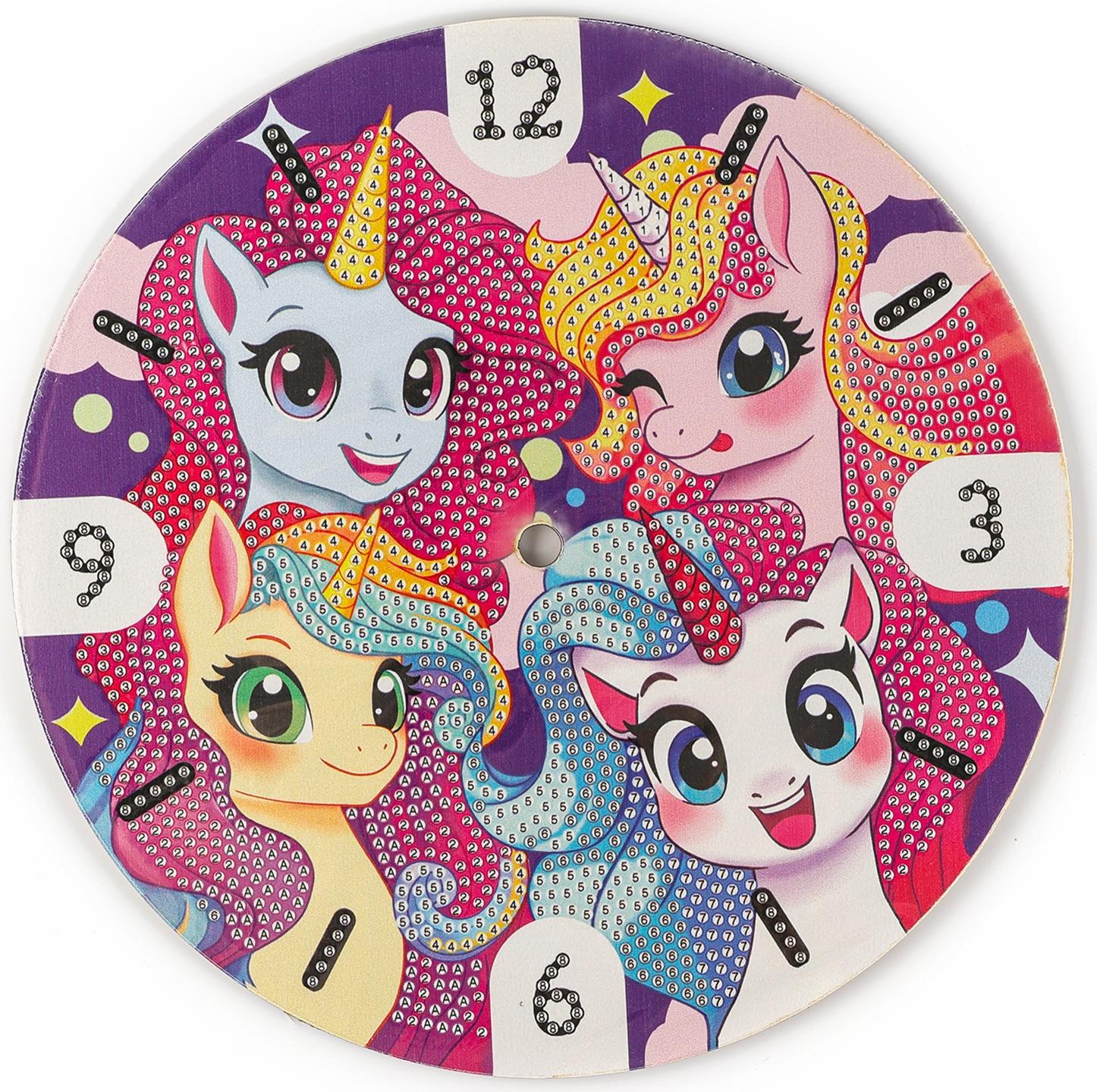 Алмазная мозаика для детей с частичным заполнением на часах «Единорожки», 20 х 20 см