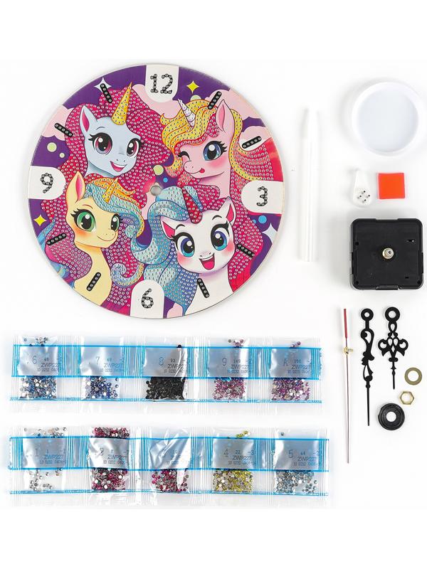 Алмазная мозаика для детей с частичным заполнением на часах «Единорожки», 20 х 20 см