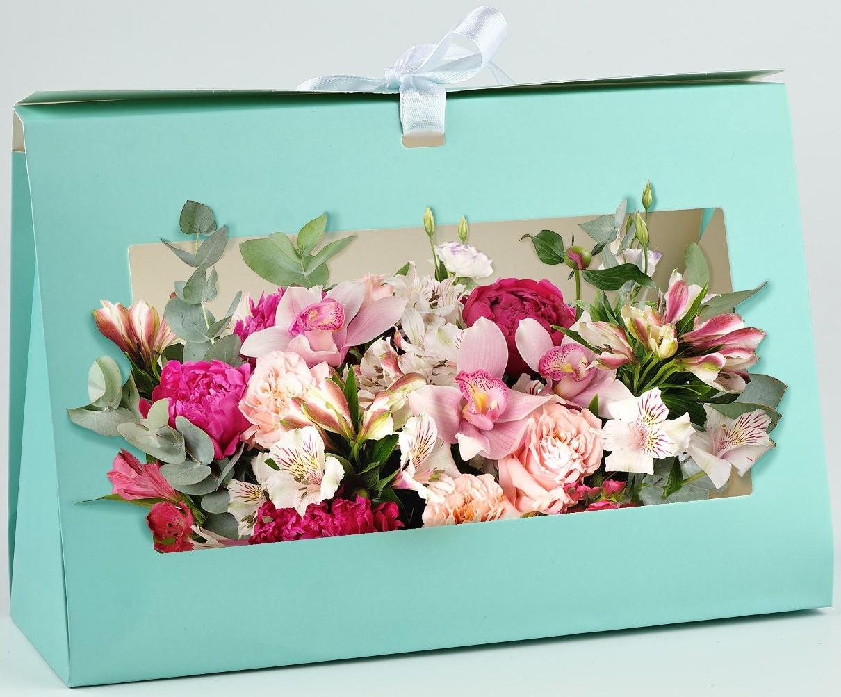 Складная коробка для цветов с окном Present, тиффани, 16 х 27 х 9 см