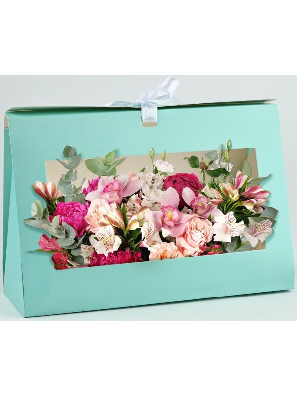 Складная коробка для цветов с окном Present, тиффани, 16 х 27 х 9 см