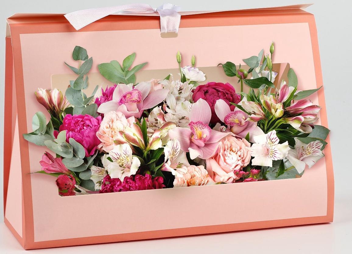 Складная коробка для цветов с окном «Цвети от счастья», персиковая, 16 х 27 х 9 см