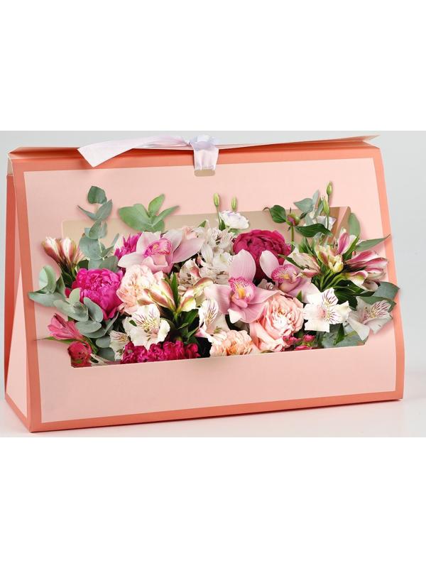 Складная коробка для цветов с окном «Цвети от счастья», персиковая, 16 х 27 х 9 см