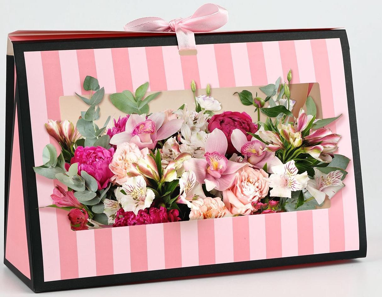 Складная коробка для цветов с окном «Спасибо, что ты есть», розовая, 16 х 27 х 9 см