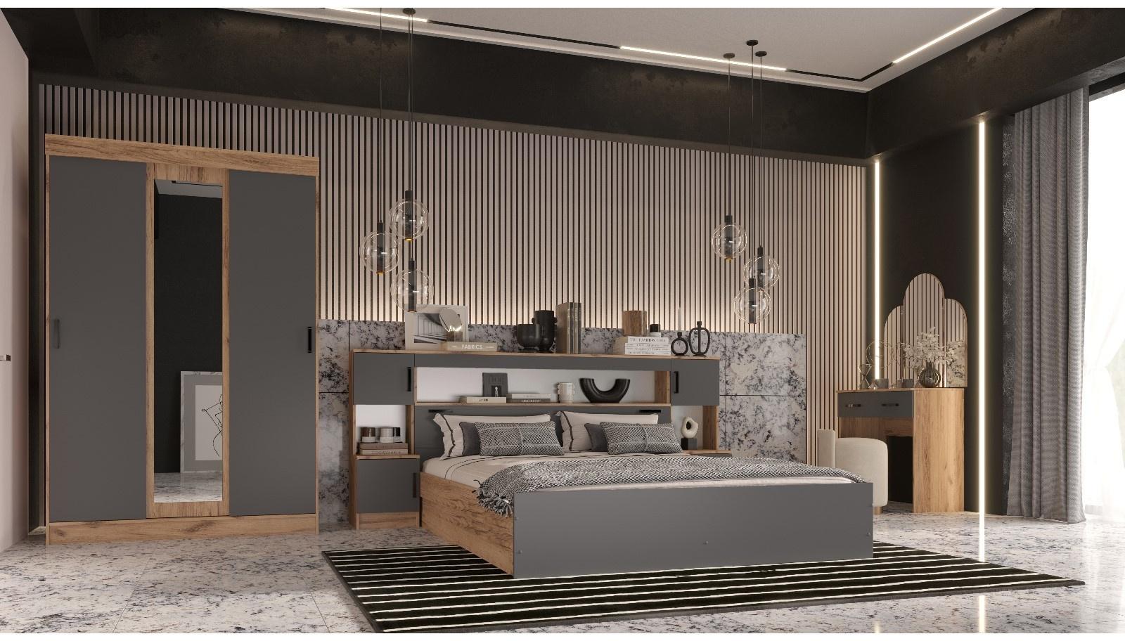 Спальный гарнитур «Бася», кровать 1600 мм, 2 тумбы, комод, шкаф купе, трюмо с зеркалом