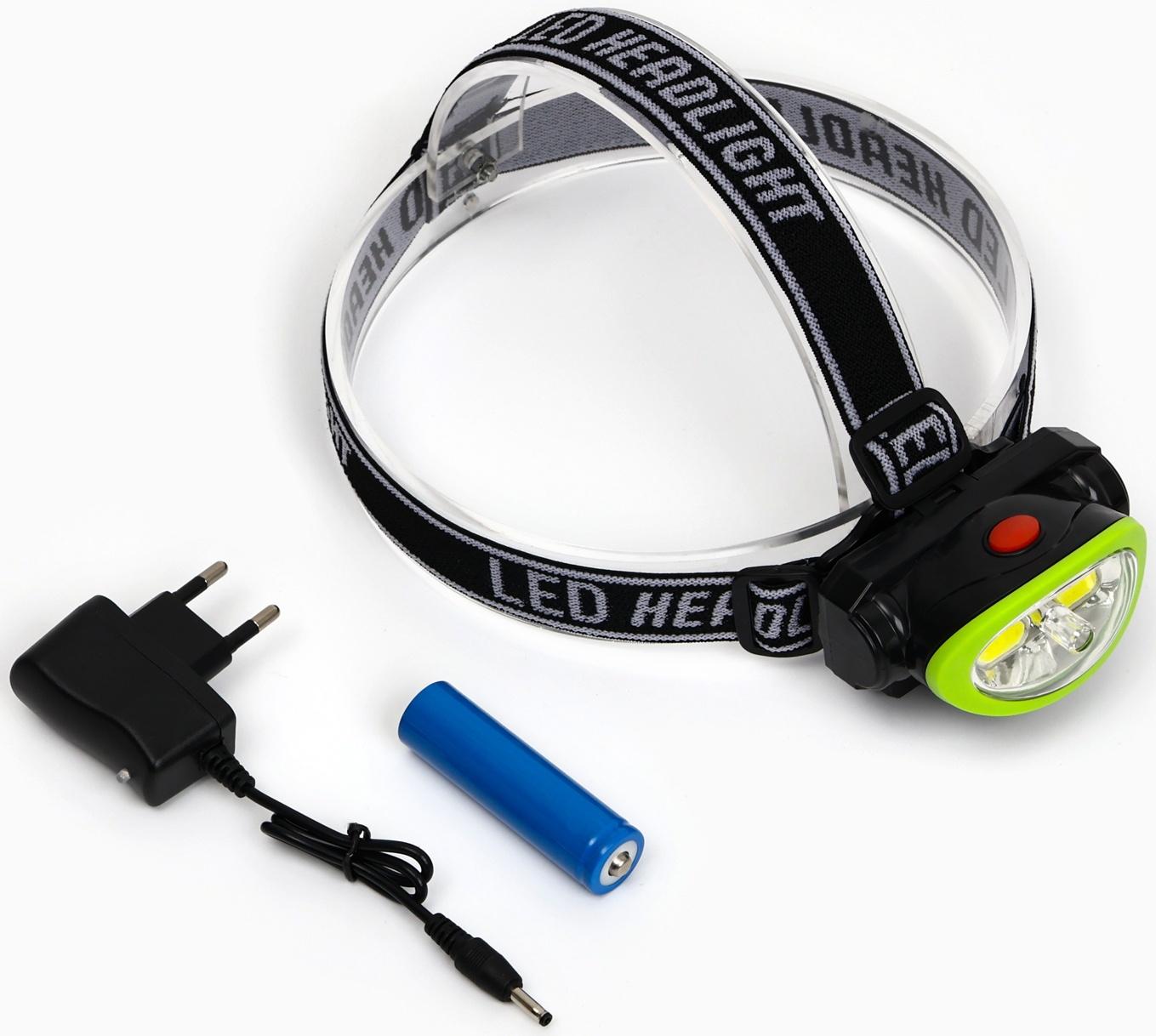 Фонарь налобный аккумуляторный, 5Вт, 1200 мАч, 120 лм, 2 режима, лазер, 5 х 6.5 см, зеленый