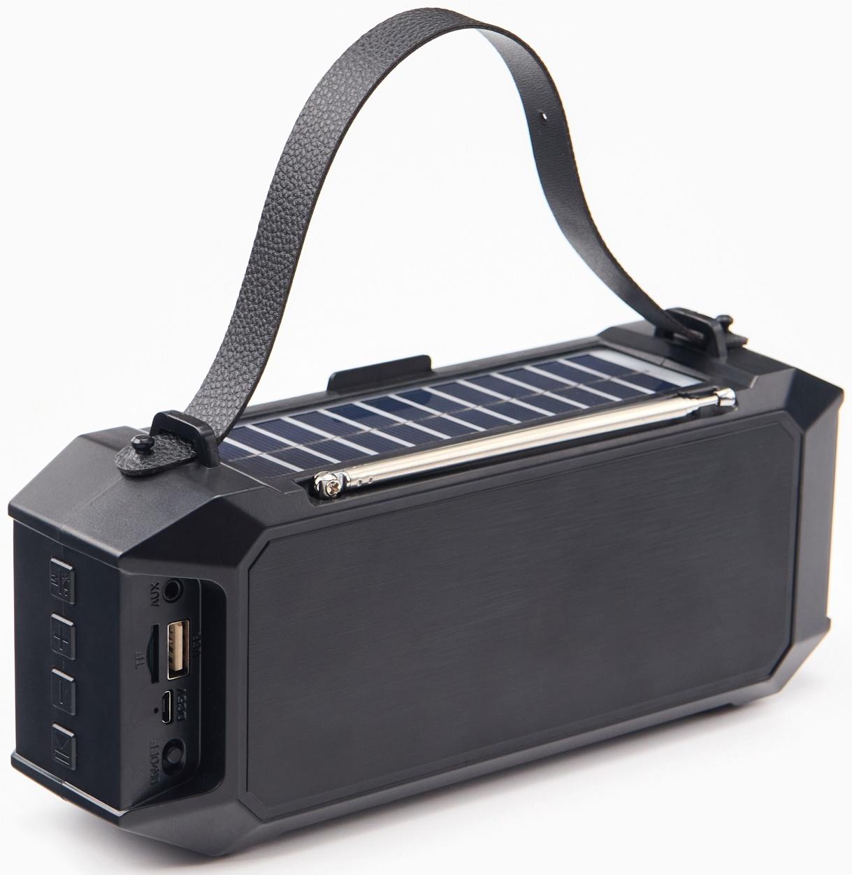 Фонарь аккумуляторный, 5Вт, 1200мАч, IPX5, Bluetooth, AUX, USB, радио, солнеч.бат, чёрный