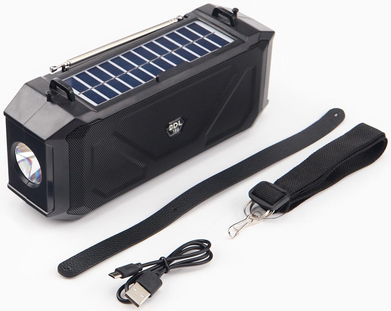 Фонарь аккумуляторный, 5Вт, 1200мАч, IPX5, Bluetooth, AUX, USB, радио, солнеч.бат, чёрный