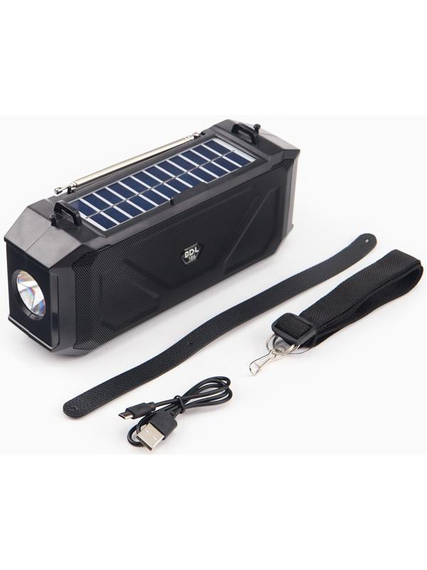 Фонарь аккумуляторный, 5Вт, 1200мАч, IPX5, Bluetooth, AUX, USB, радио, солнеч.бат, чёрный