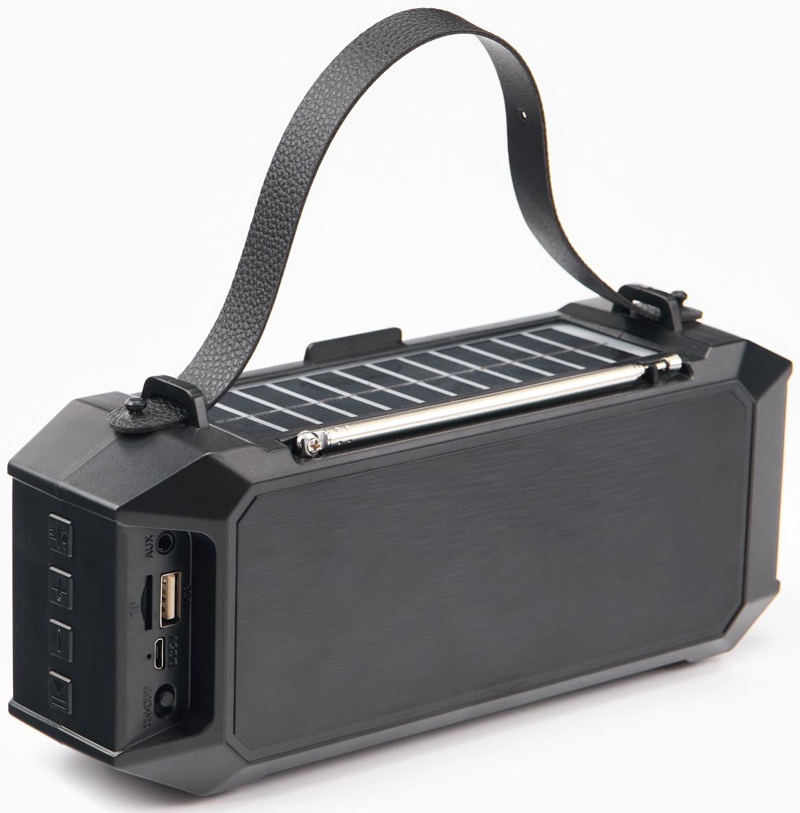 Фонарь аккумуляторный, 5Вт, 1200мАч, IPX5, Bluetooth, AUX, USB, радио, солнеч.бат, красный