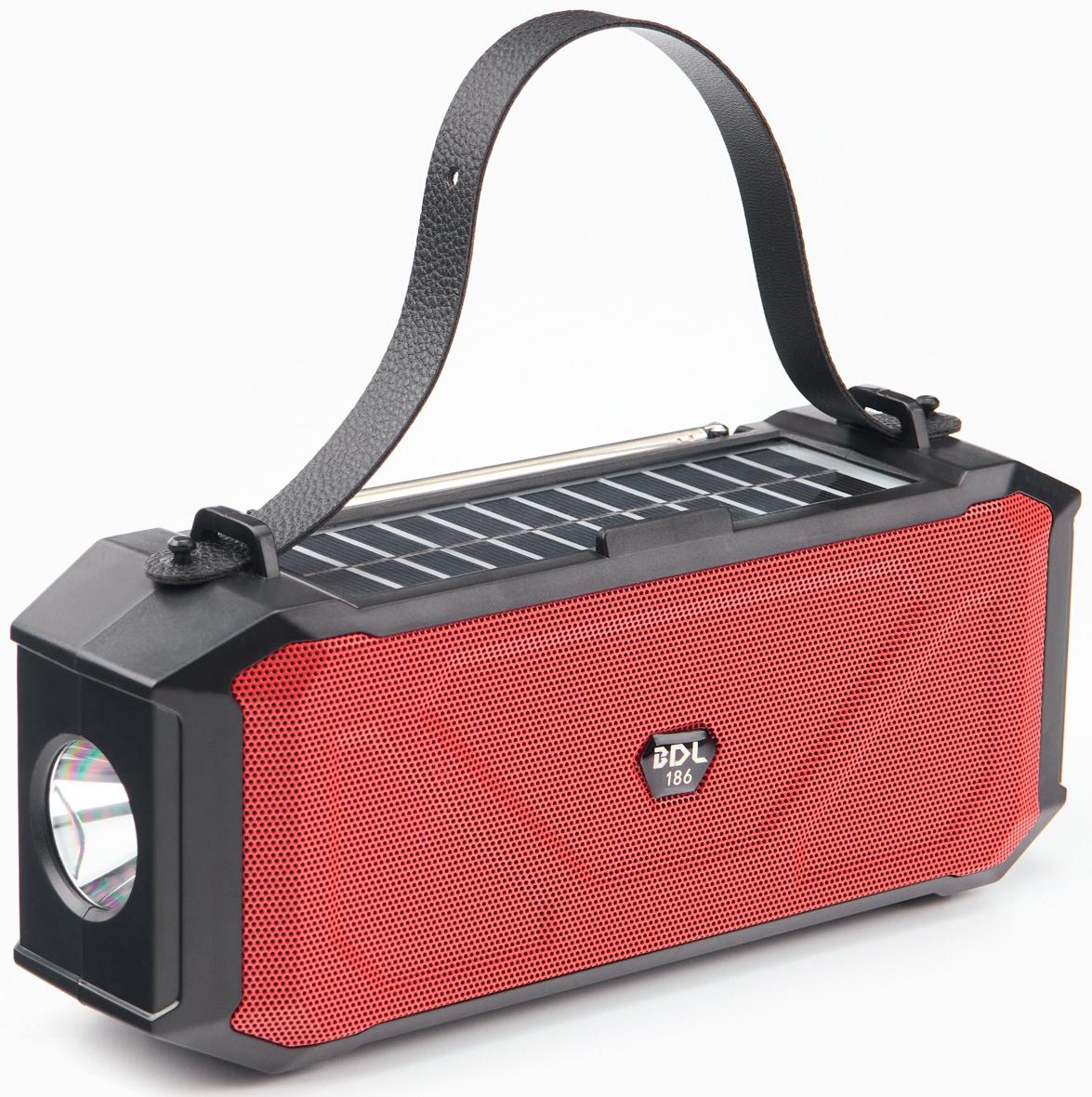 Фонарь аккумуляторный, 5Вт, 1200мАч, IPX5, Bluetooth, AUX, USB, радио, солнеч.бат, красный