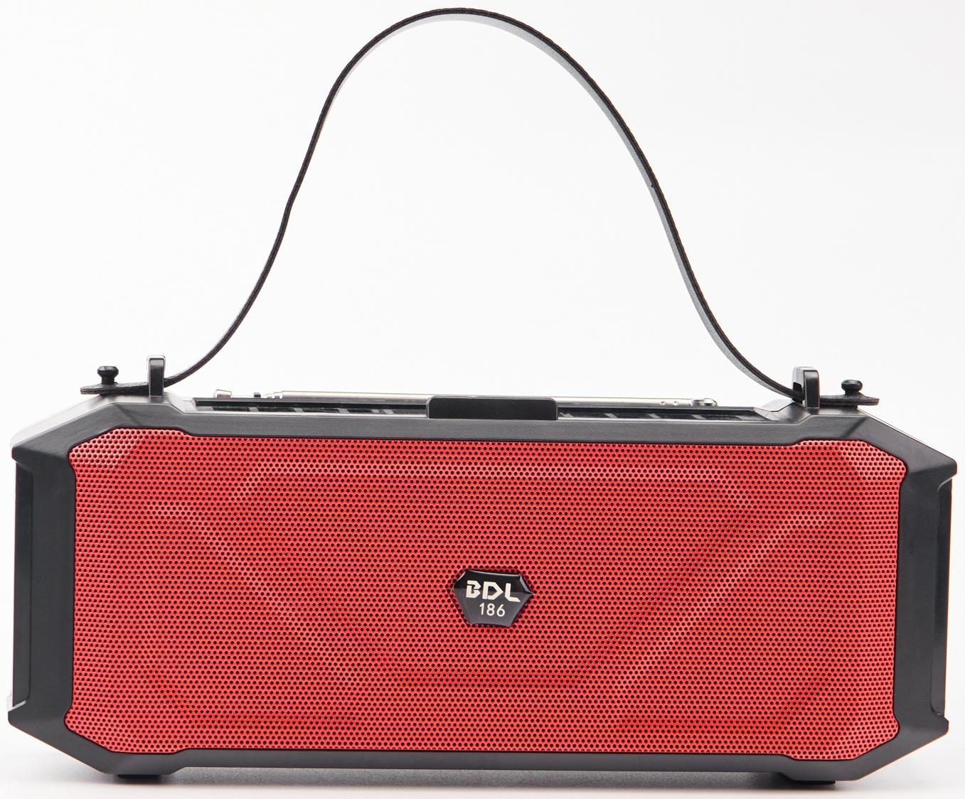 Фонарь аккумуляторный, 5Вт, 1200мАч, IPX5, Bluetooth, AUX, USB, радио, солнеч.бат, красный