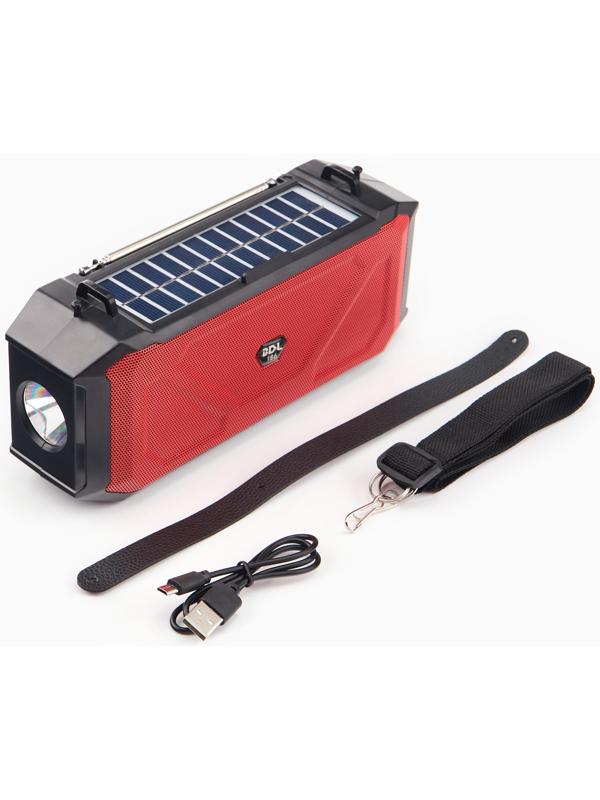 Фонарь аккумуляторный, 5Вт, 1200мАч, IPX5, Bluetooth, AUX, USB, радио, солнеч.бат, красный