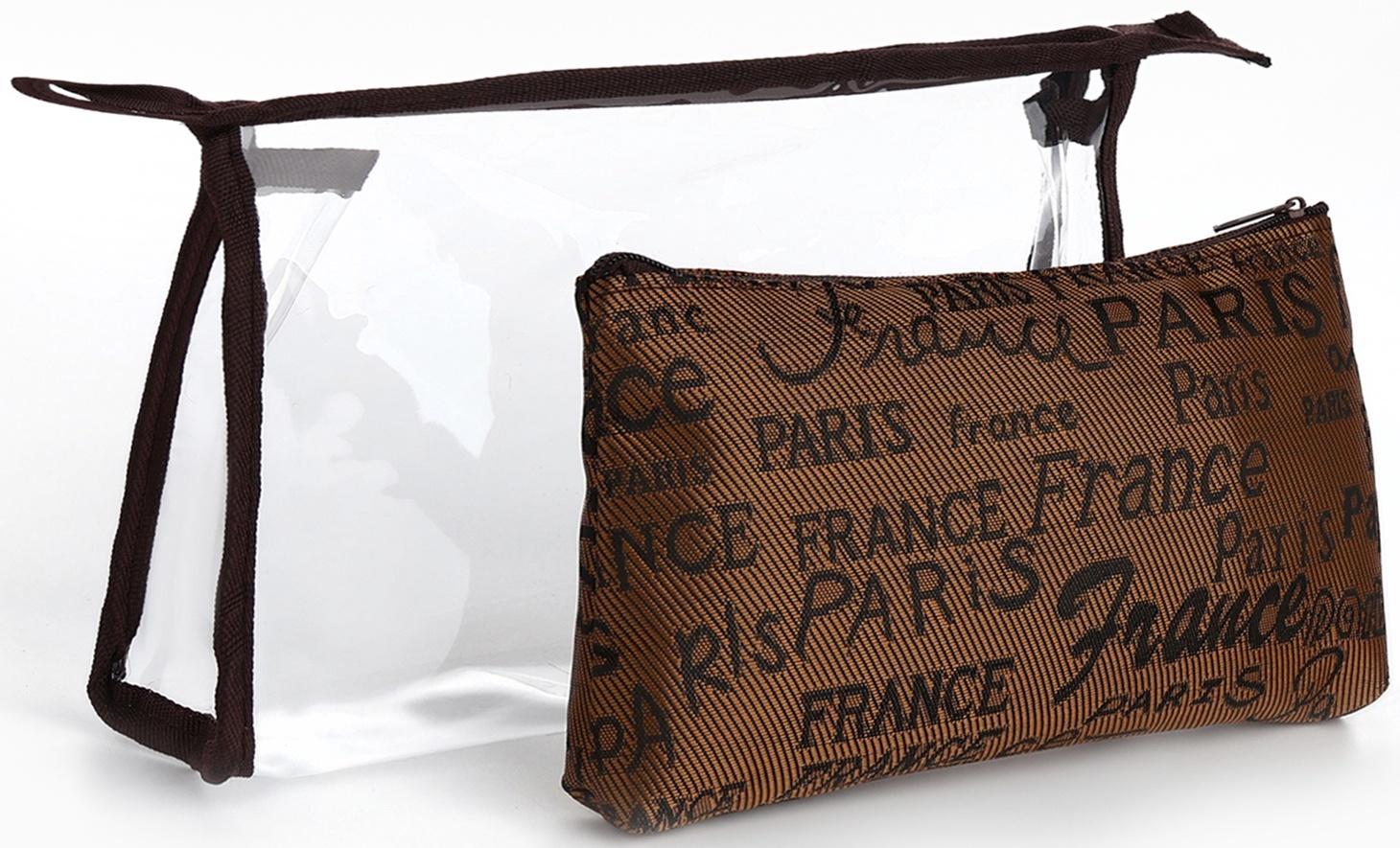 Набор простых косметичек на молниях 2 в 1, с надписями, коричневый