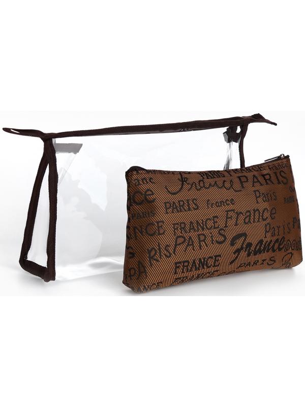 Набор простых косметичек на молниях 2 в 1, с надписями, коричневый