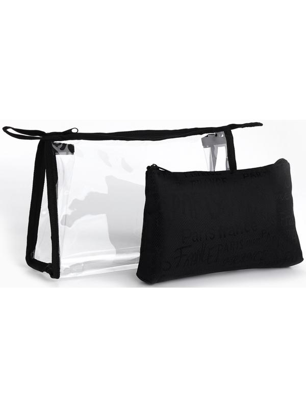 Набор простых косметичек на молниях 2 в 1, с надписями, чёрный