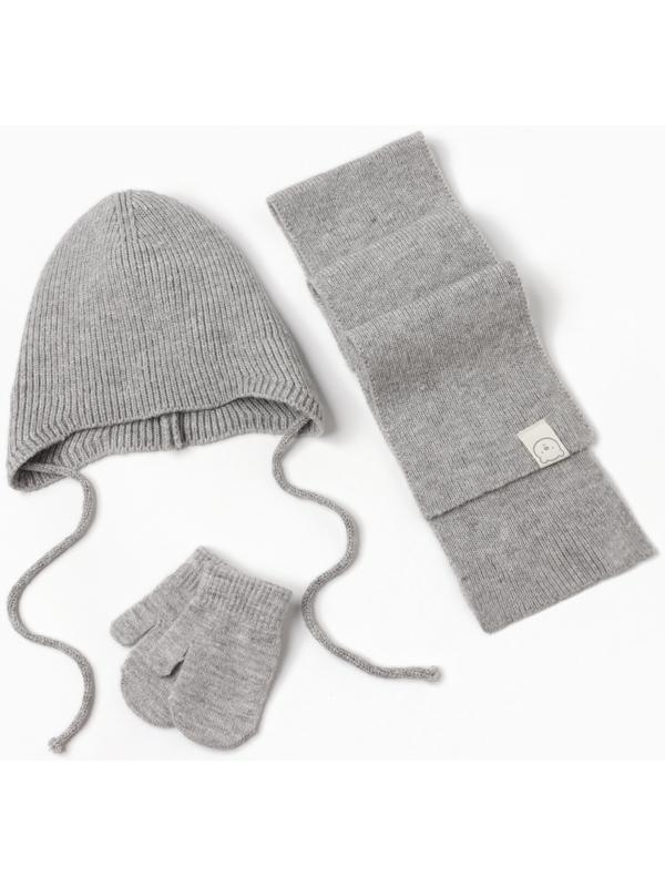 Комплект вязаный: шапка, шарф, варежки (1-3 года), серый