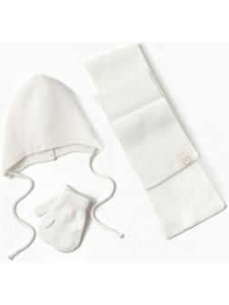 Комплект вязаный: шапка, шарф, варежки (1-3 года), молочный