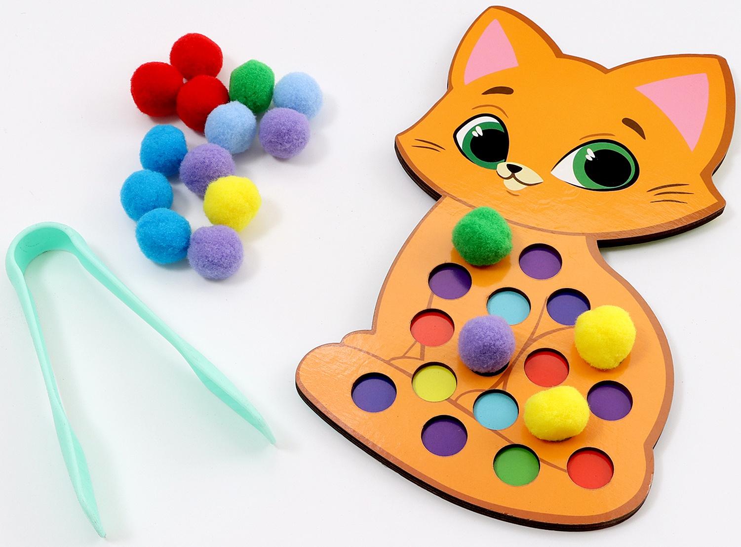 Сортер деревянный «Котёнок» с помпонами и пинцетом, 15×21 см