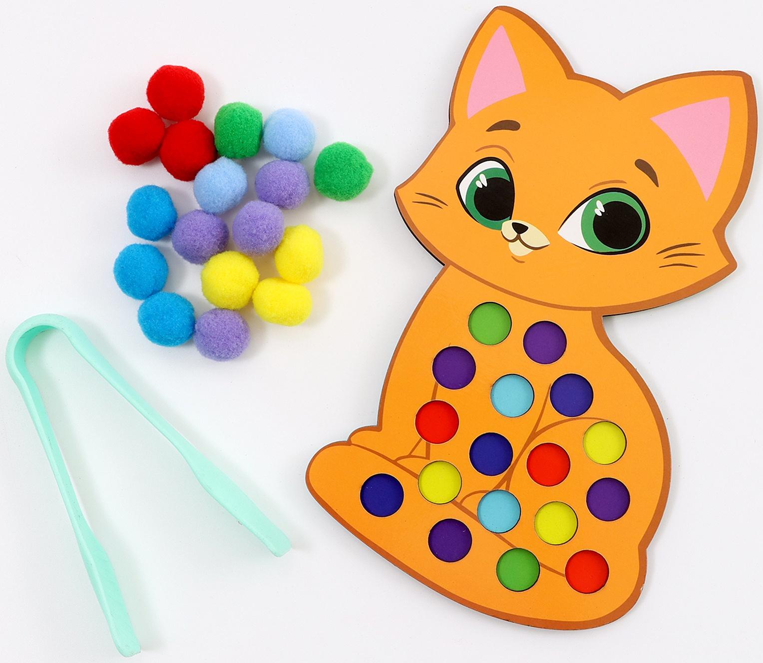 Сортер деревянный «Котёнок» с помпонами и пинцетом, 15×21 см