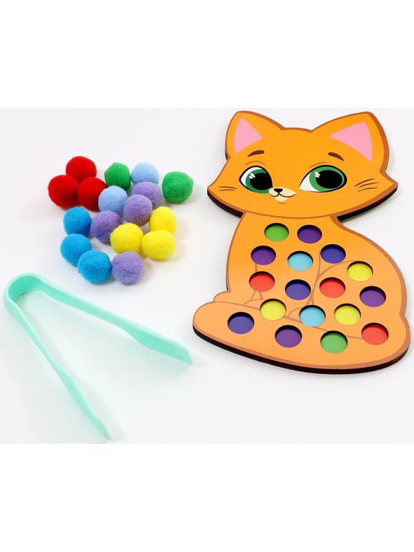 Сортер деревянный «Котёнок» с помпонами и пинцетом, 15×21 см