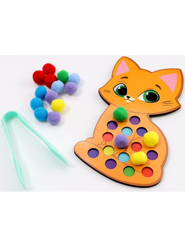 Сортер деревянный «Котёнок» с помпонами и пинцетом, 15×21 см