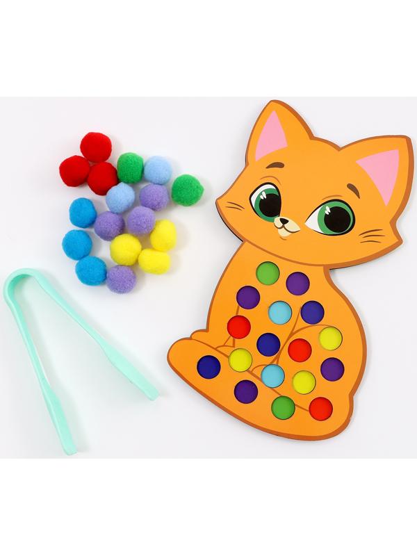 Сортер деревянный «Котёнок» с помпонами и пинцетом, 15×21 см