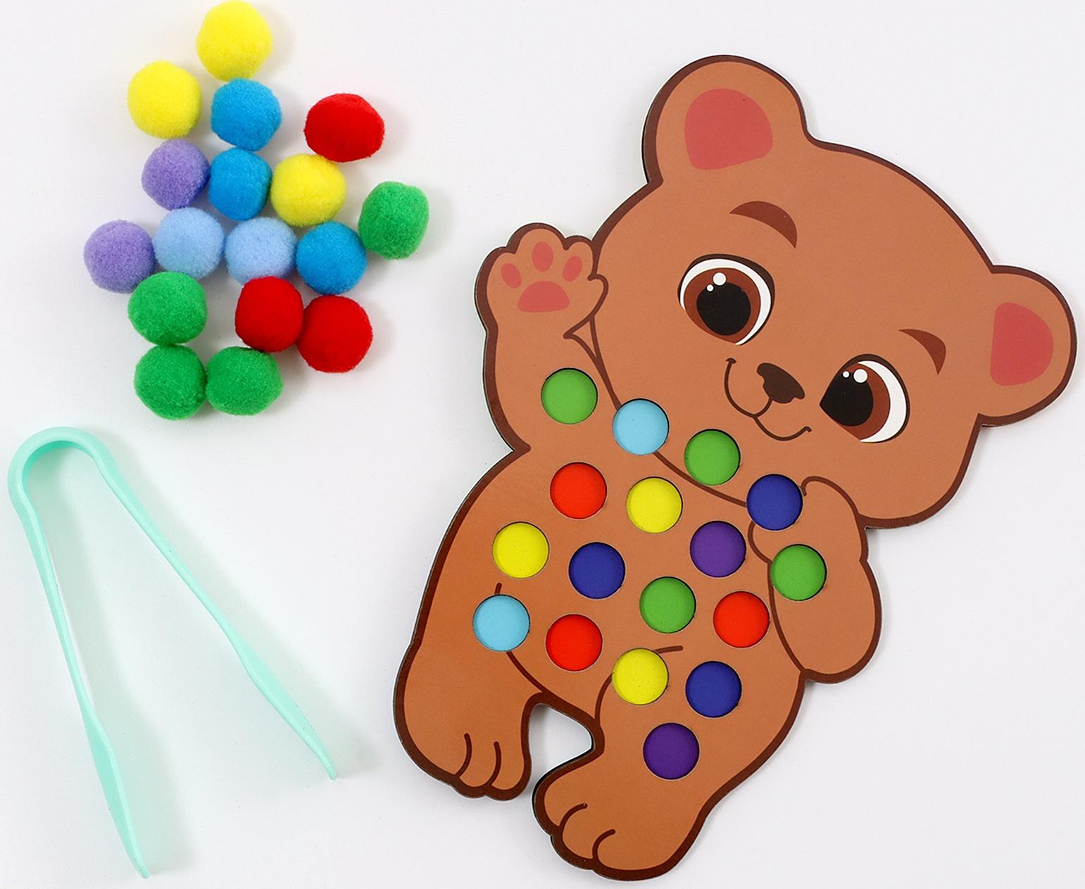 Сортер деревянный «Мишка» с помпонами и пинцетом, 15×21 см