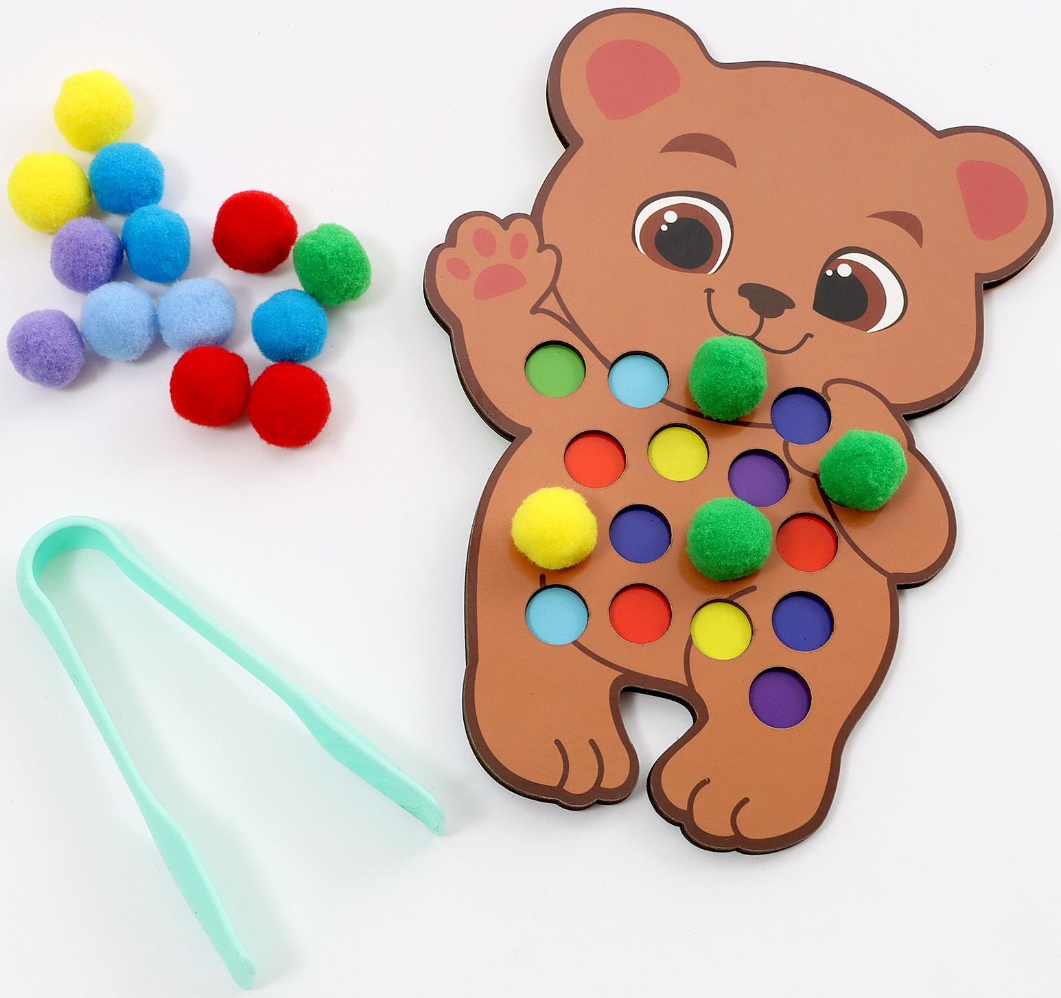 Сортер деревянный «Мишка» с помпонами и пинцетом, 15×21 см