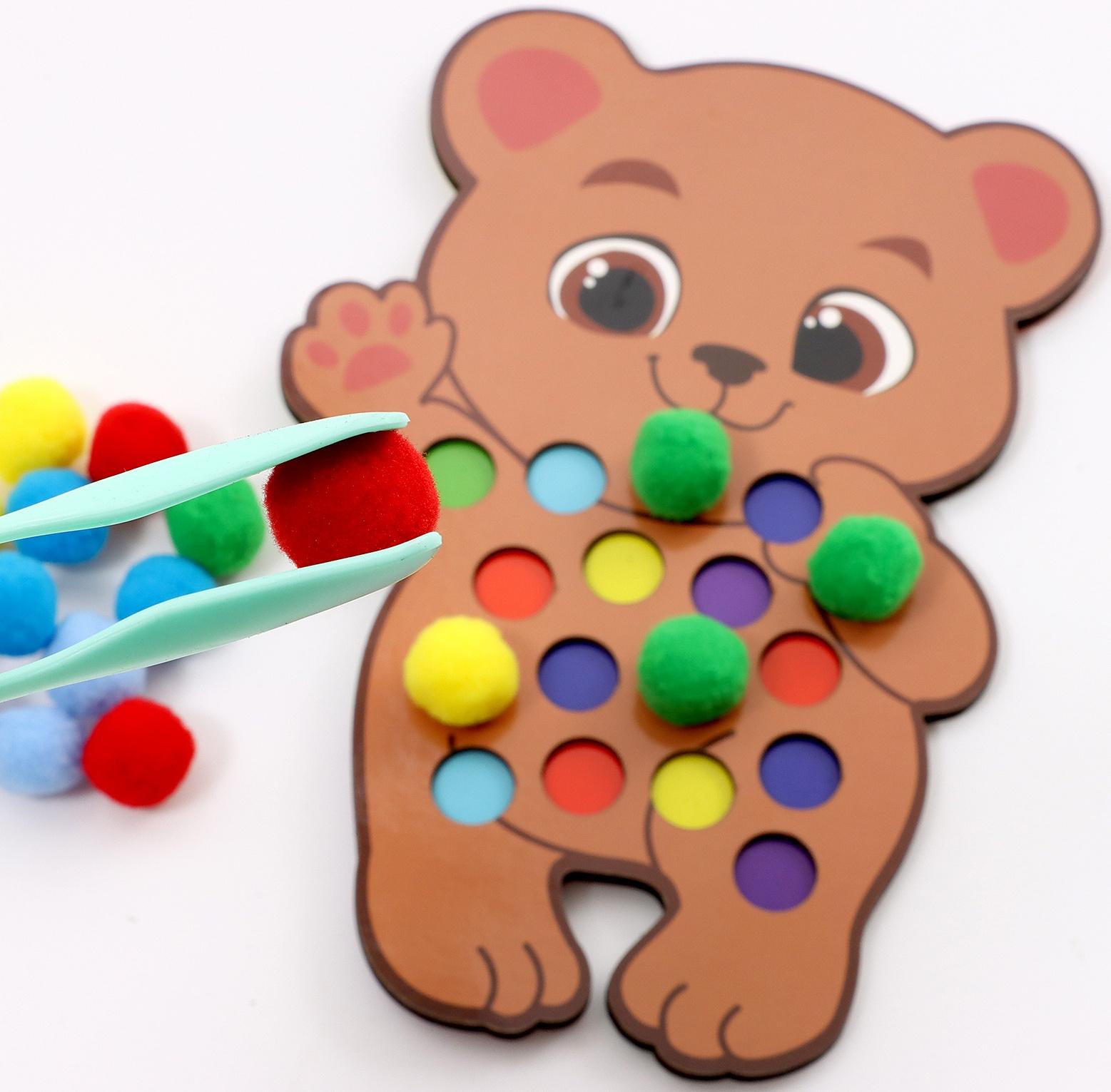 Сортер деревянный «Мишка» с помпонами и пинцетом, 15×21 см