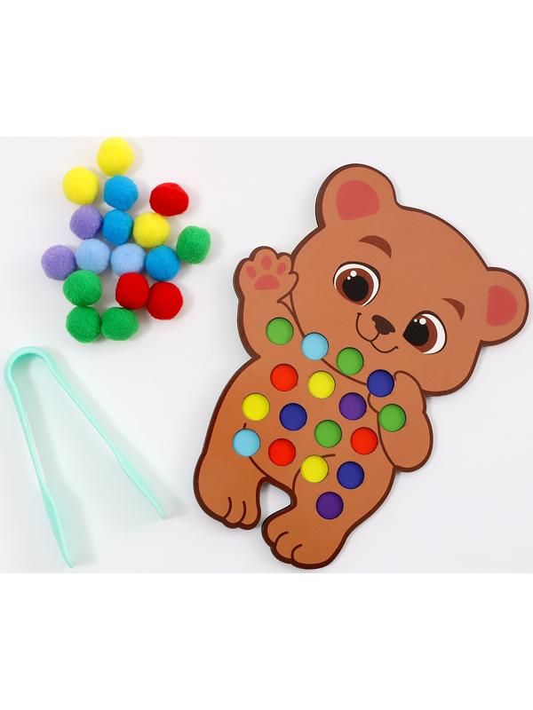 Сортер деревянный «Мишка» с помпонами и пинцетом, 15×21 см